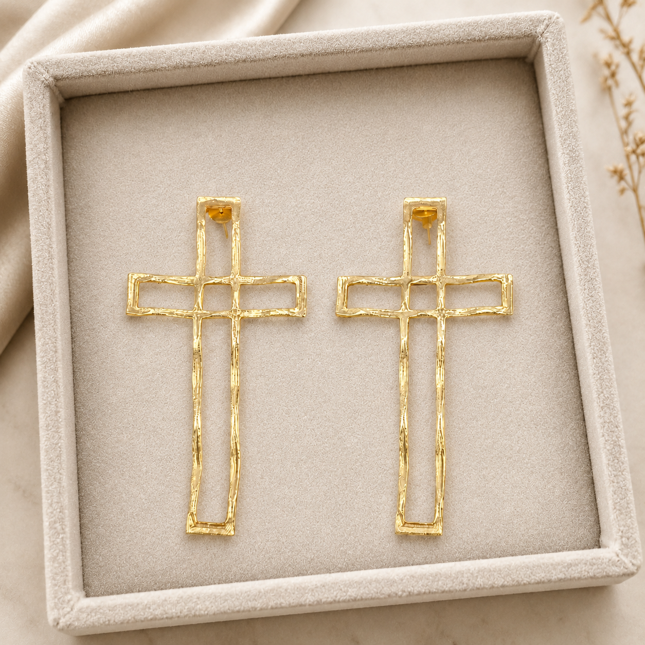 Gilded Fern Statement Studs – Architectural Open-Frame Cross Drop Earrings