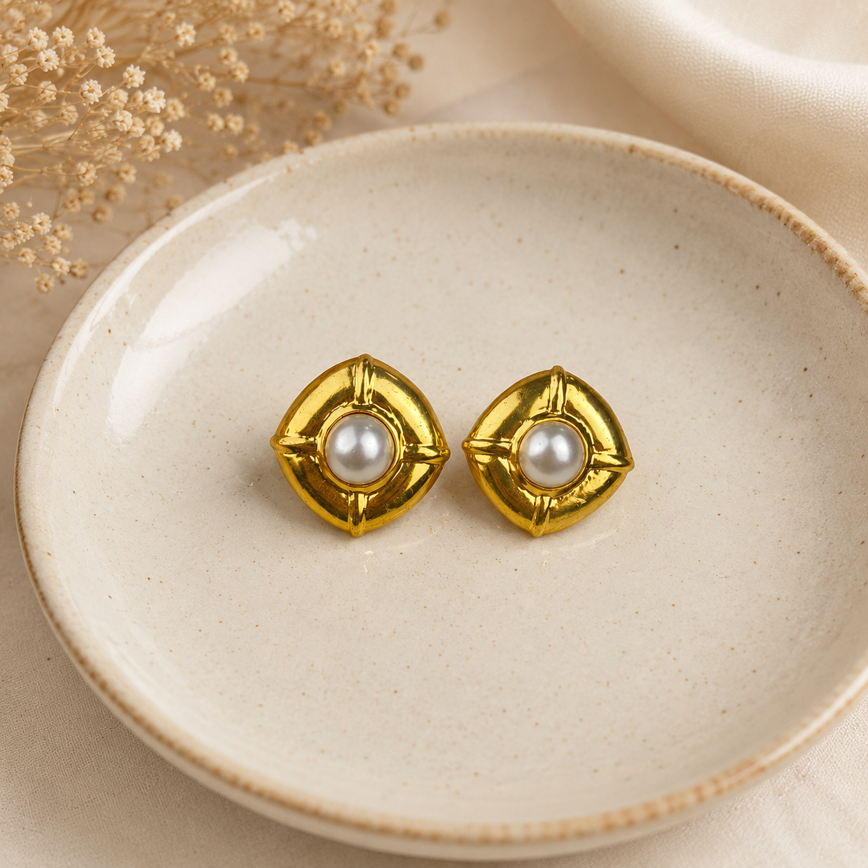 Renaissance Mabe Pearl Shield Studs –  Gold Plated Architectural Button Earrings