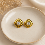 Renaissance Mabe Pearl Shield Studs –  Gold Plated Architectural Button Earrings