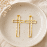 Gilded Fern Statement Studs – Architectural Open-Frame Cross Drop Earrings