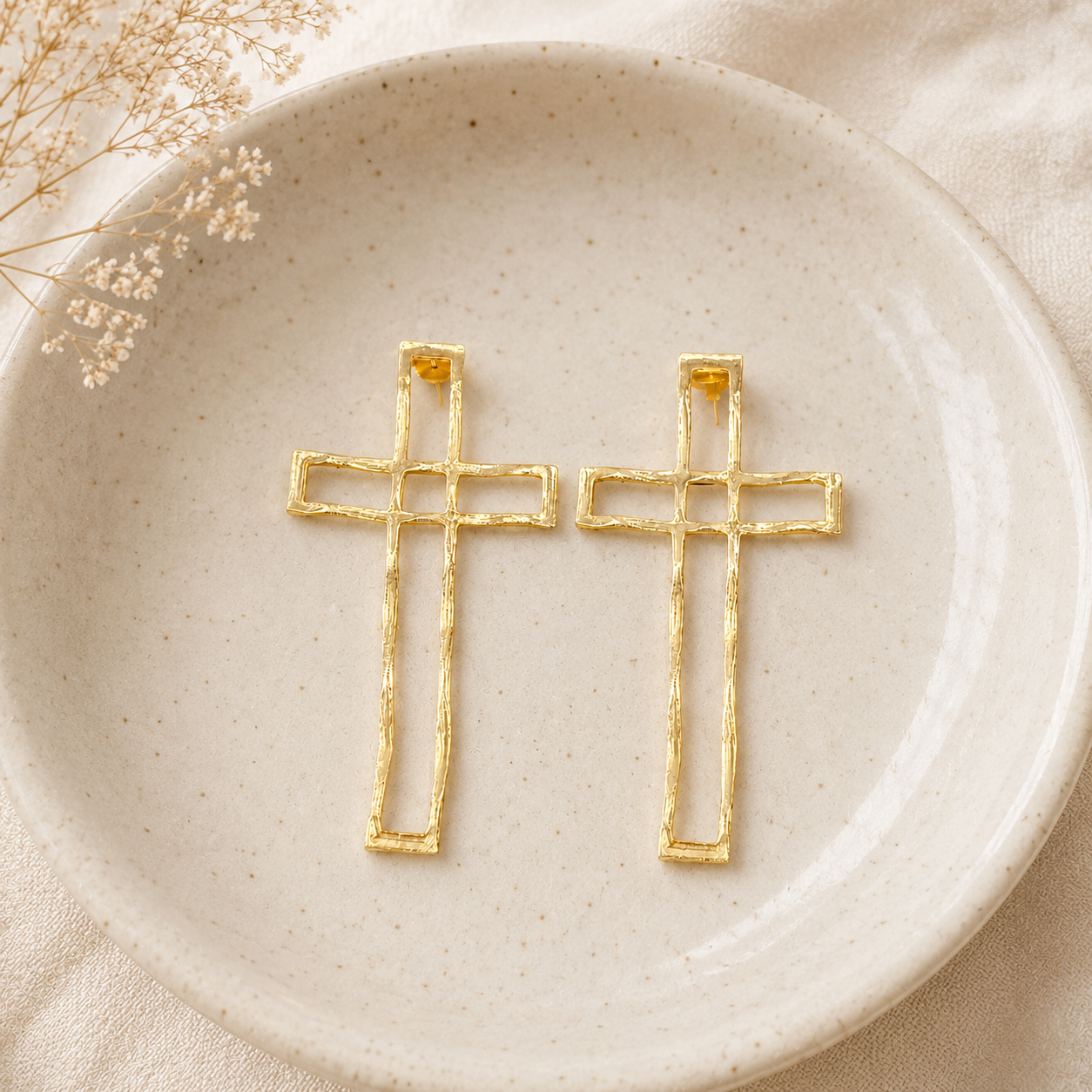 Gilded Fern Statement Studs – Architectural Open-Frame Cross Drop Earrings