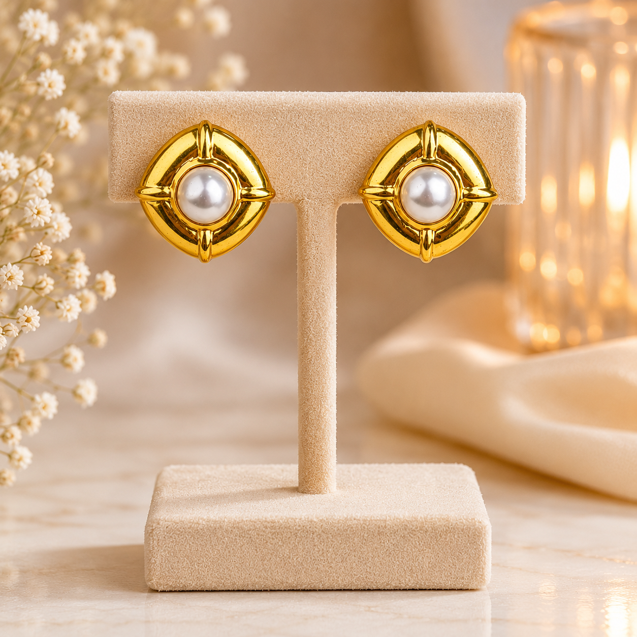 Renaissance Mabe Pearl Shield Studs –  Gold Plated Architectural Button Earrings