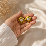 Renaissance Mabe Pearl Shield Studs –  Gold Plated Architectural Button Earrings