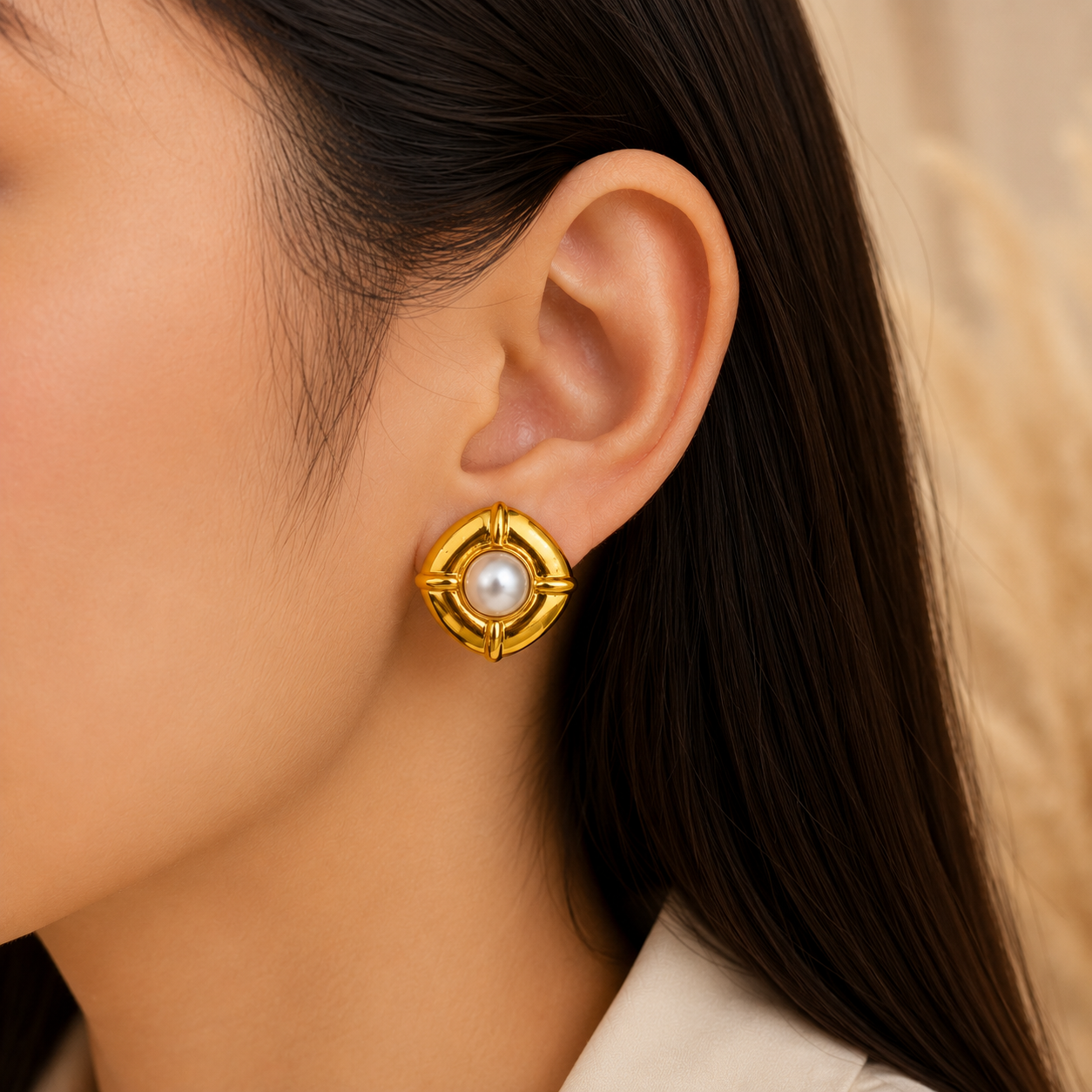 Renaissance Mabe Pearl Shield Studs –  Gold Plated Architectural Button Earrings