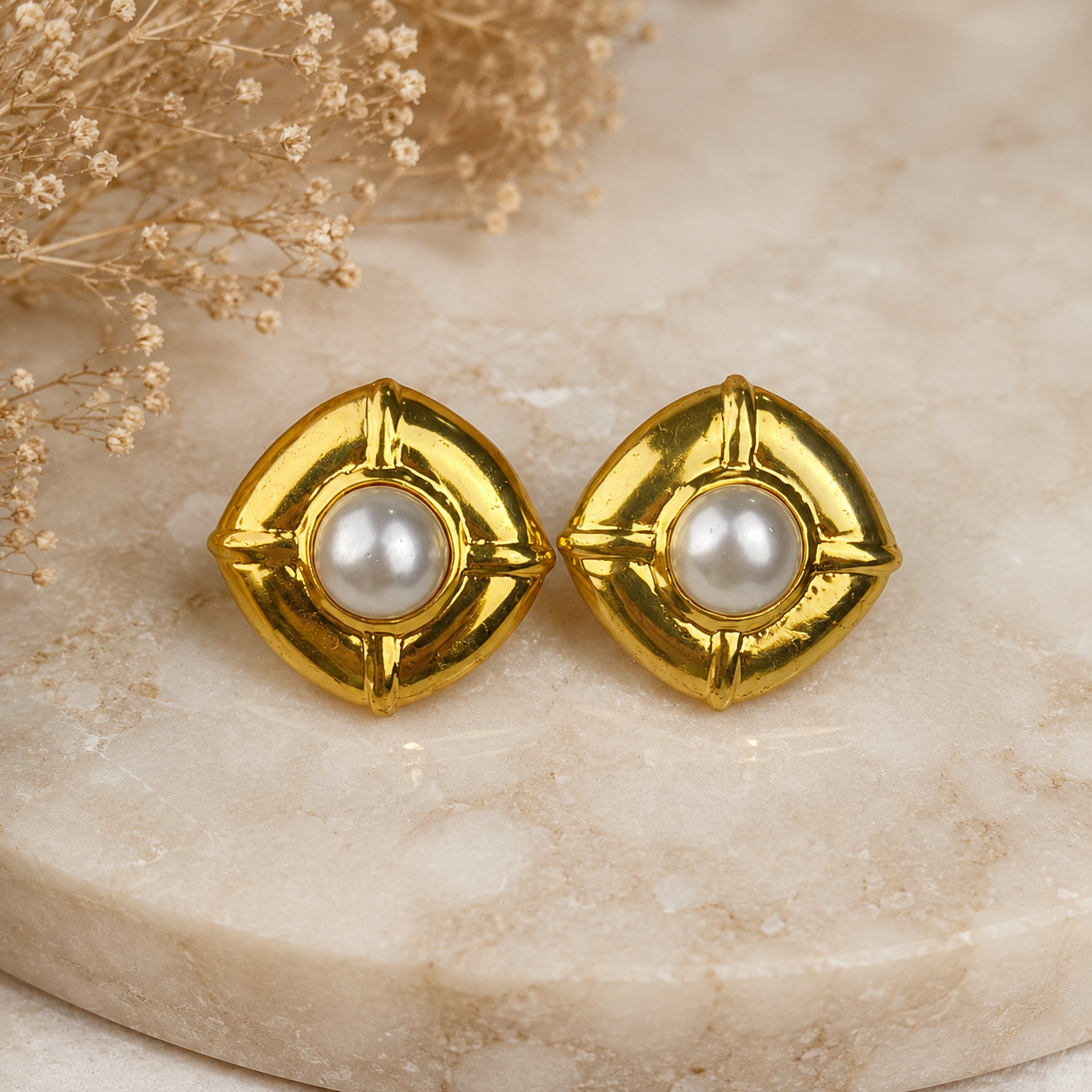 Renaissance Mabe Pearl Shield Studs –  Gold Plated Architectural Button Earrings