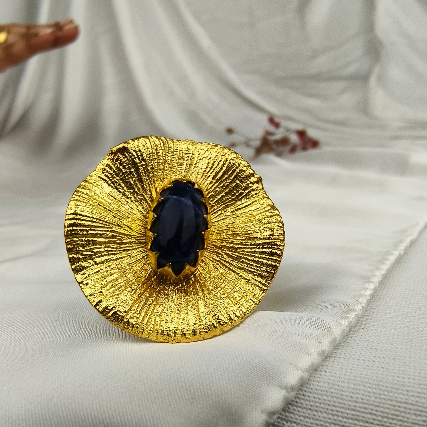 Large Gold Medallion Ring – Gold Plated Deep Blue Sapphire Cocktail Ring