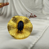 Large Gold Medallion Ring – Gold Plated Deep Blue Sapphire Cocktail Ring