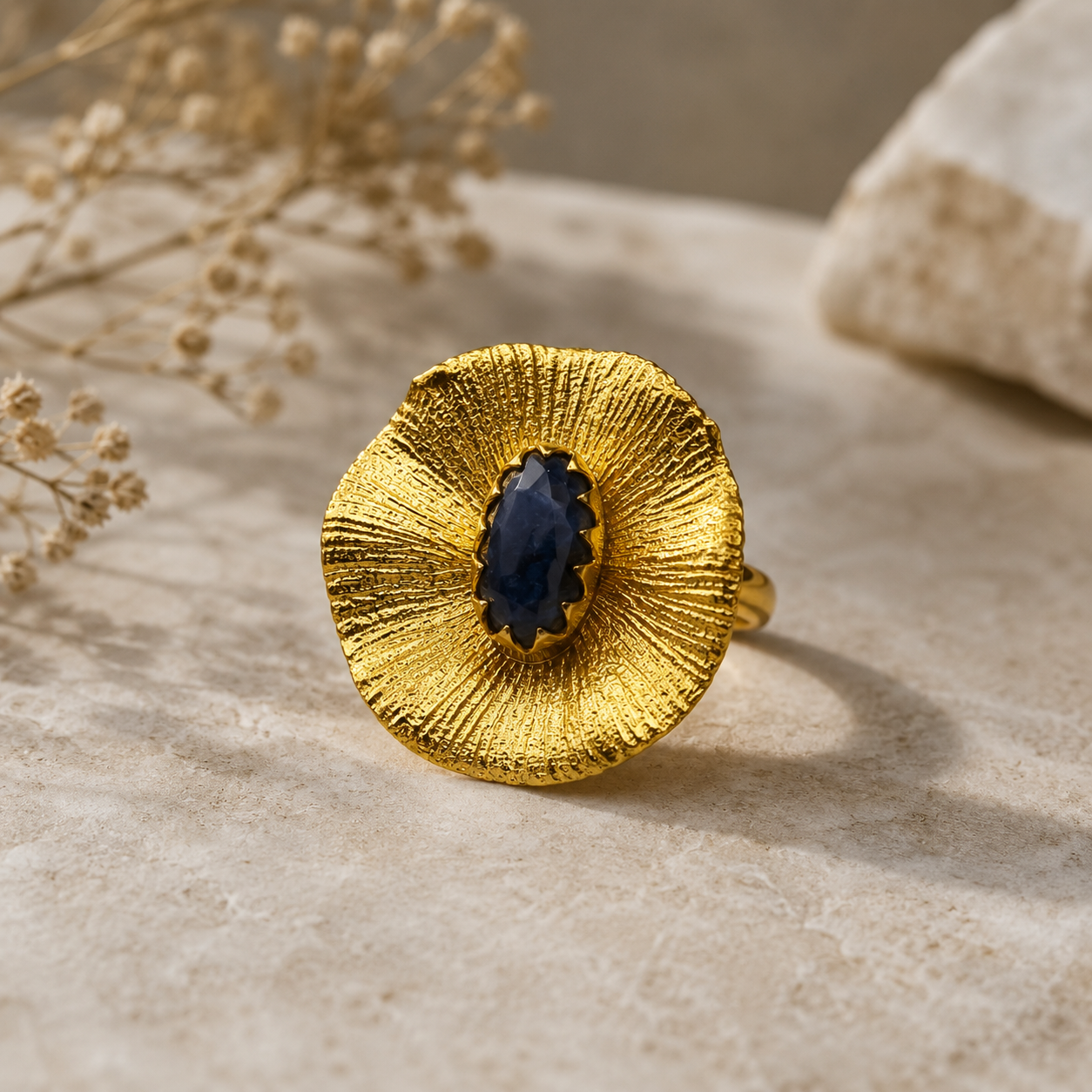Large Gold Medallion Ring – Gold Plated Deep Blue Sapphire Cocktail Ring