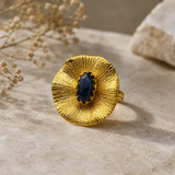 Large Gold Medallion Ring – Gold Plated Deep Blue Sapphire Cocktail Ring