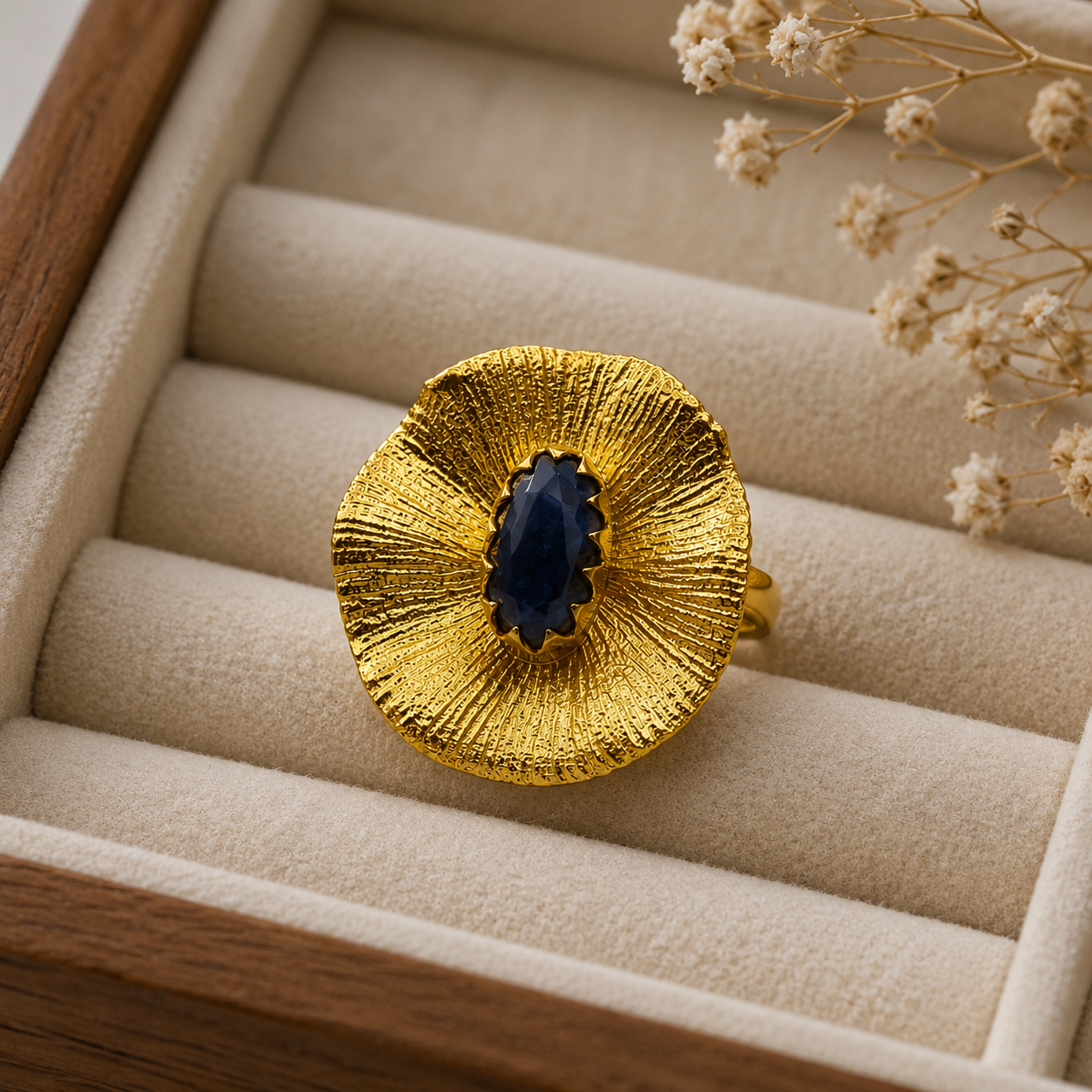 Large Gold Medallion Ring – Gold Plated Deep Blue Sapphire Cocktail Ring