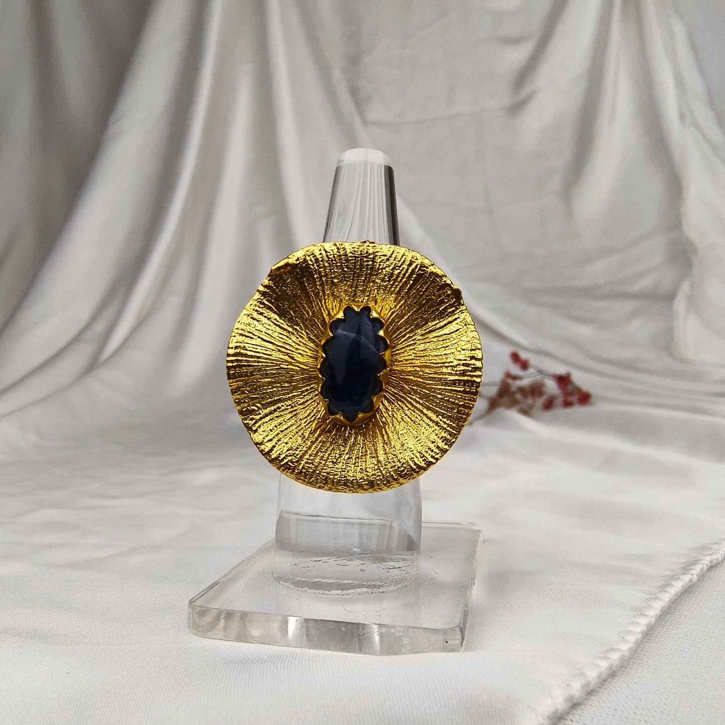 Large Gold Medallion Ring – Gold Plated Deep Blue Sapphire Cocktail Ring