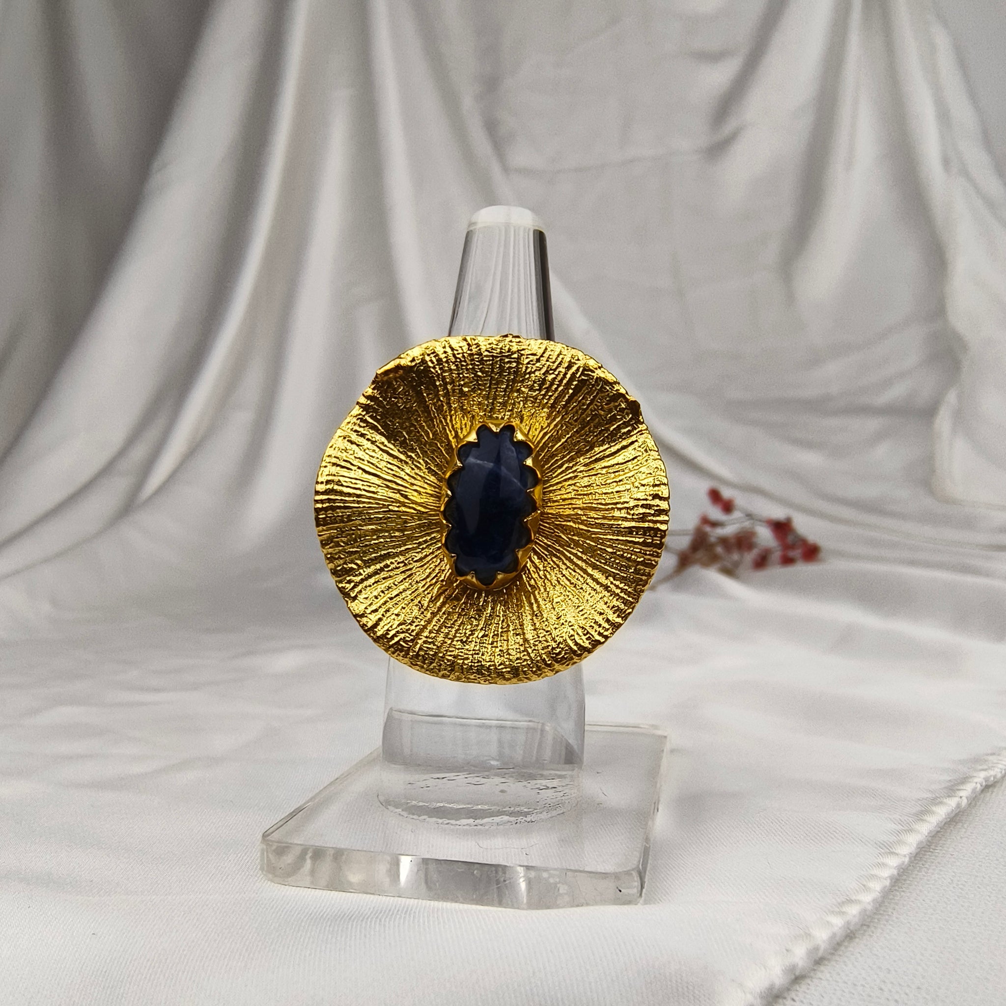 Large Gold Medallion Ring – Gold Plated Deep Blue Sapphire Cocktail Ring