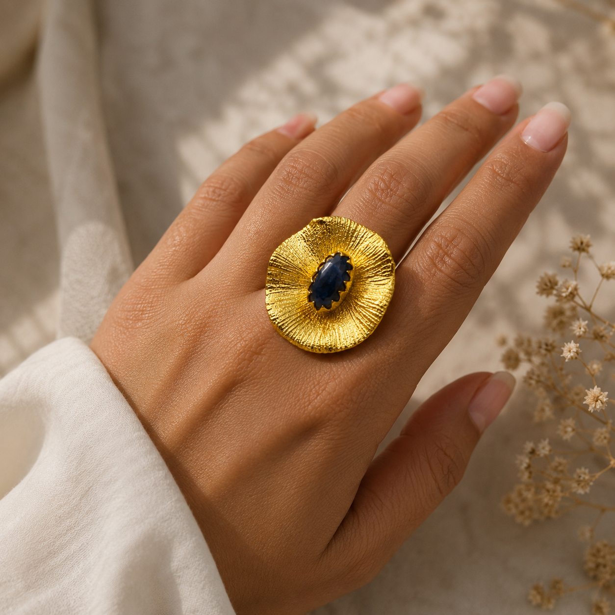 Large Gold Medallion Ring – Gold Plated Deep Blue Sapphire Cocktail Ring