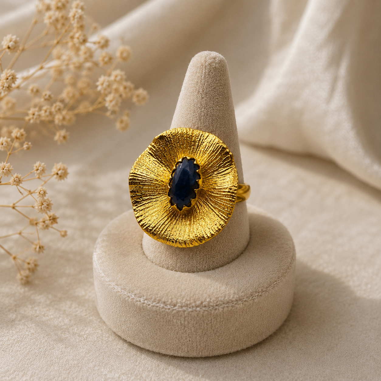 Large Gold Medallion Ring – Gold Plated Deep Blue Sapphire Cocktail Ring