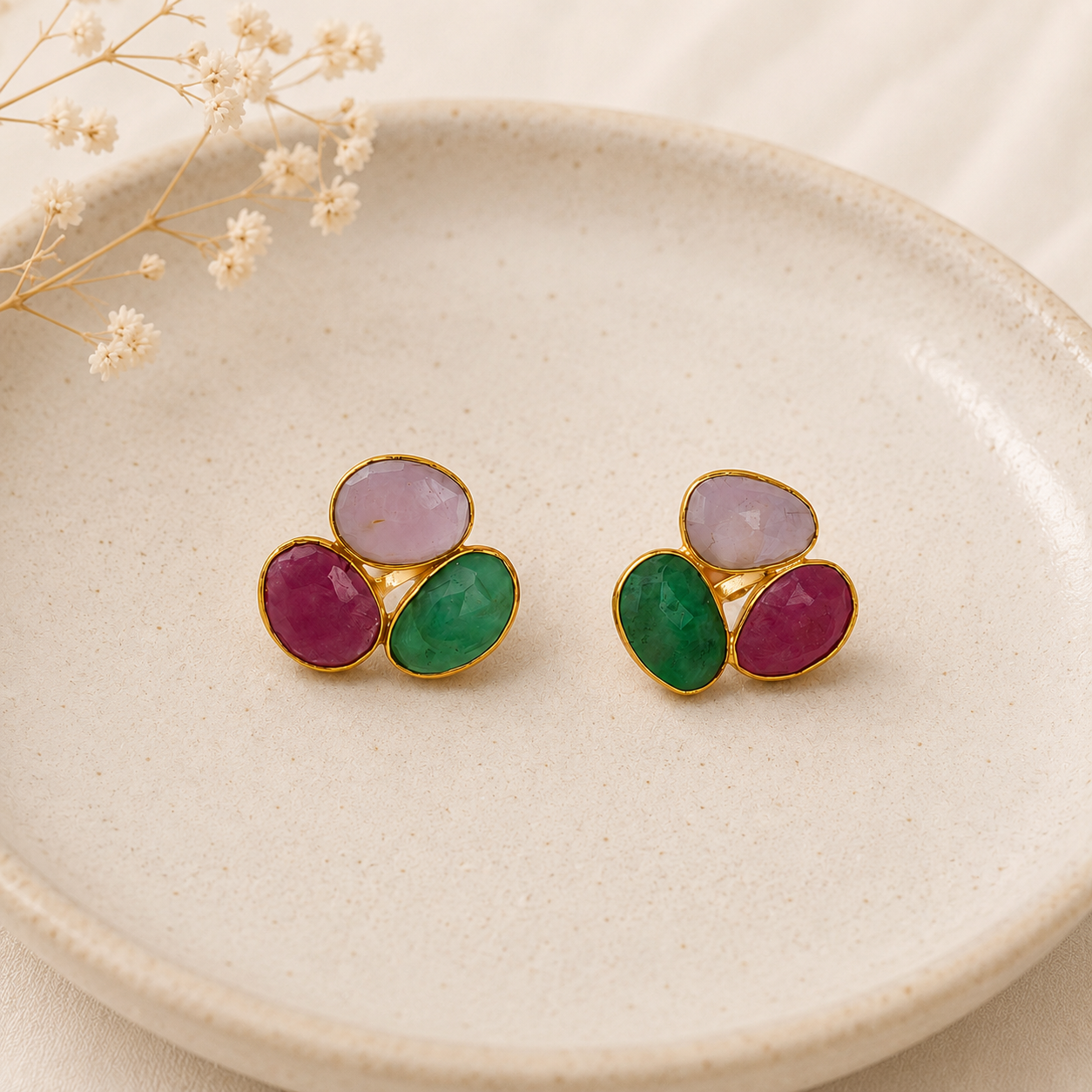 Imperial Cabochon Triad Studs –  Gold Plated Multi-Sapphire Statement Earrings
