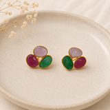 Imperial Cabochon Triad Studs –  Gold Plated Multi-Sapphire Statement Earrings
