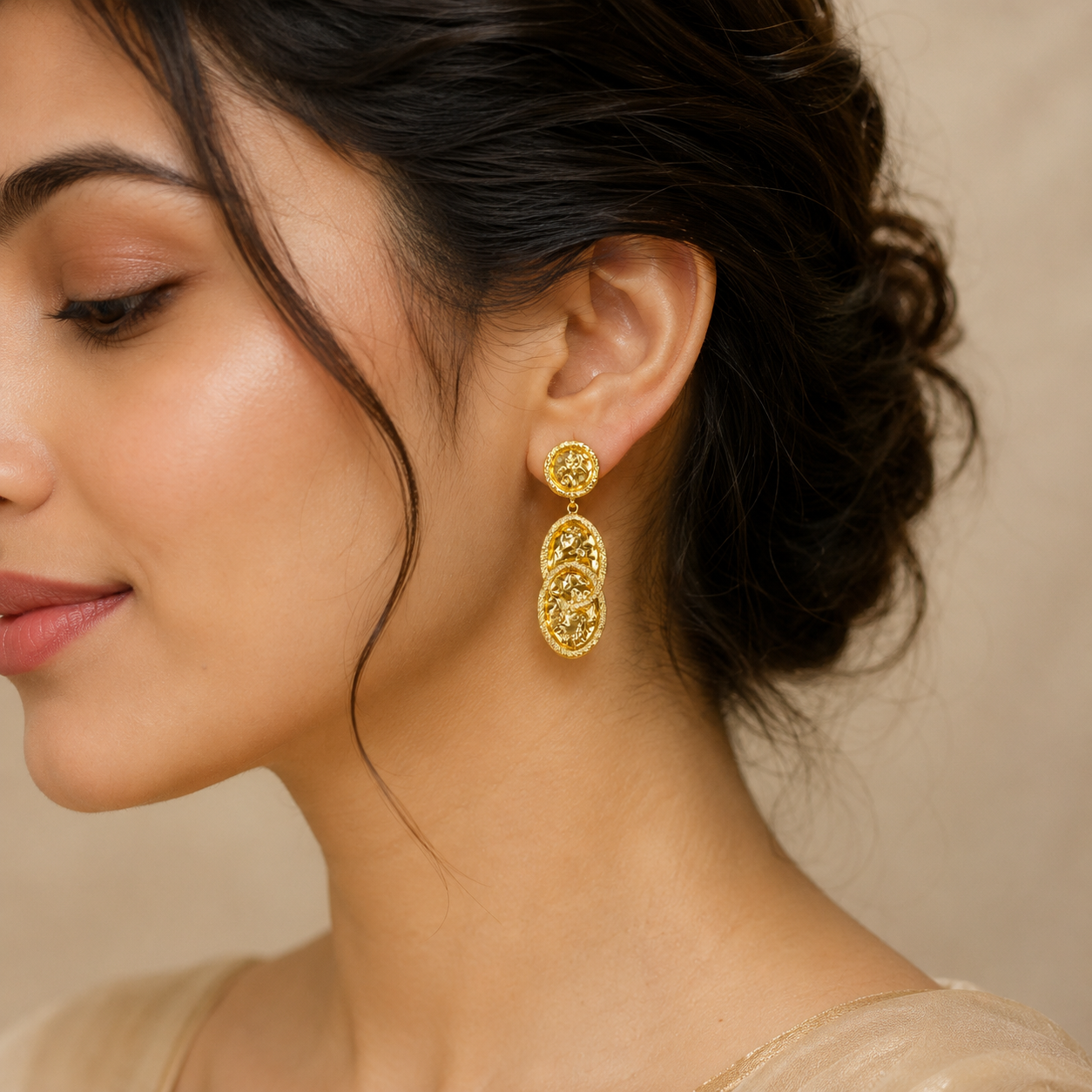 Gilded Foliage Spray Studs – Textured Gold Plated Multi-Coin Drop Earrings