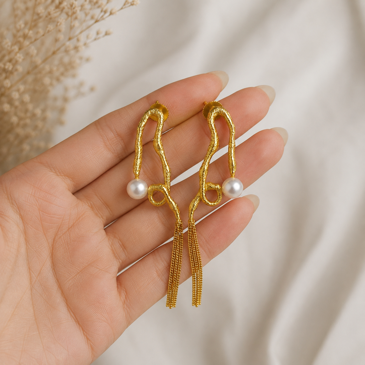Abstract Sculptural Pearl Earrings – Gold Plated Fluid Asymmetric Tassel Drops