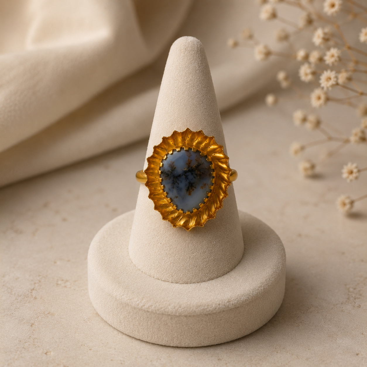 Dendritic Moss Flame Ring – Gold Plated Agate Statement Cocktail Ring