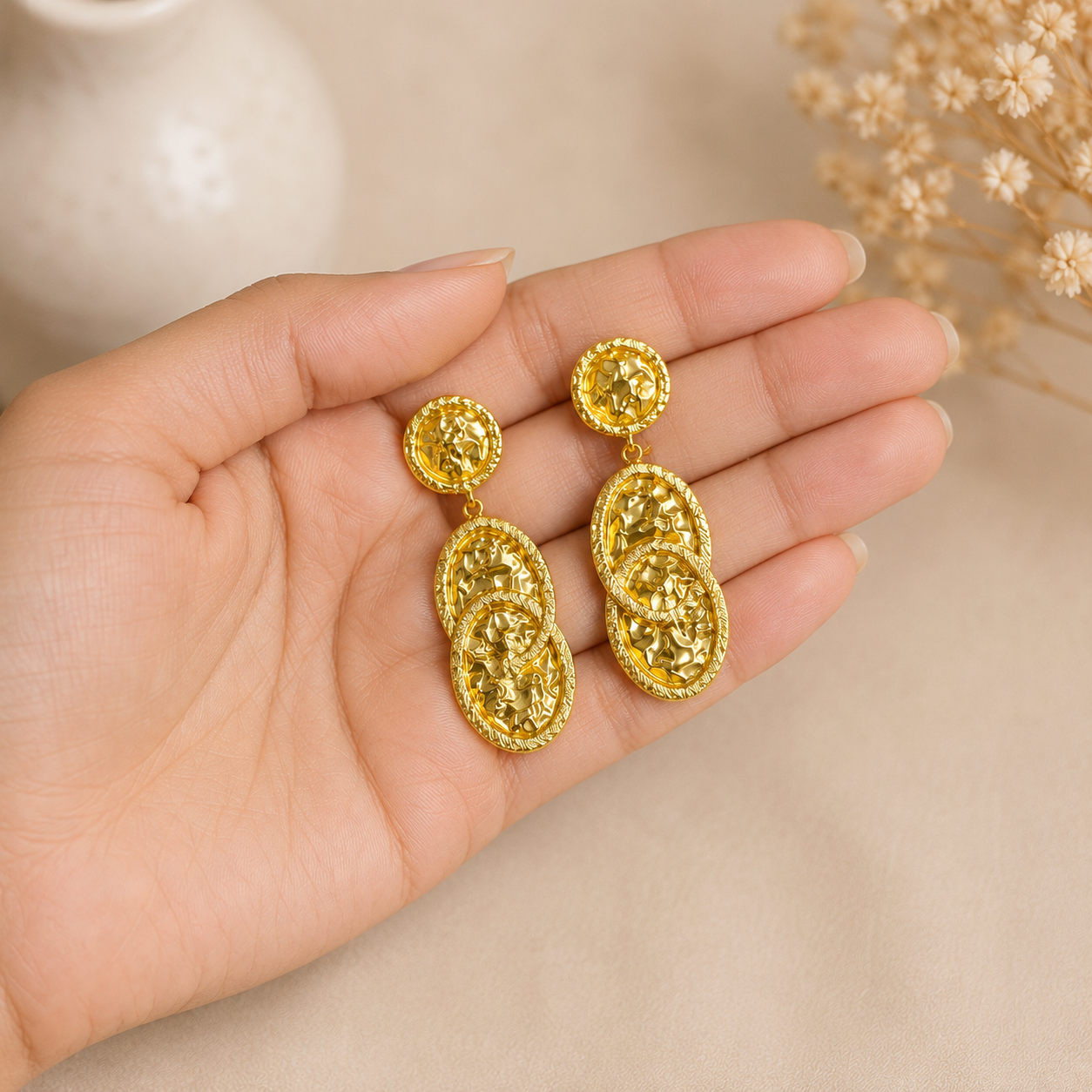 Gilded Foliage Spray Studs – Textured Gold Plated Multi-Coin Drop Earrings