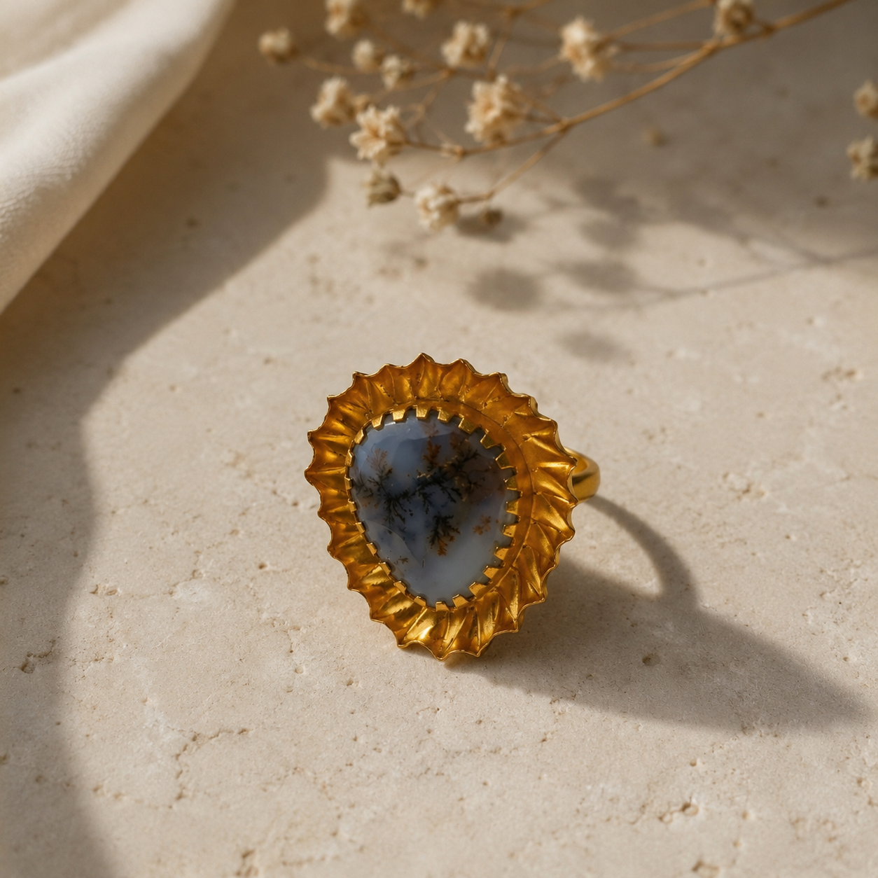 Dendritic Moss Flame Ring – Gold Plated Agate Statement Cocktail Ring