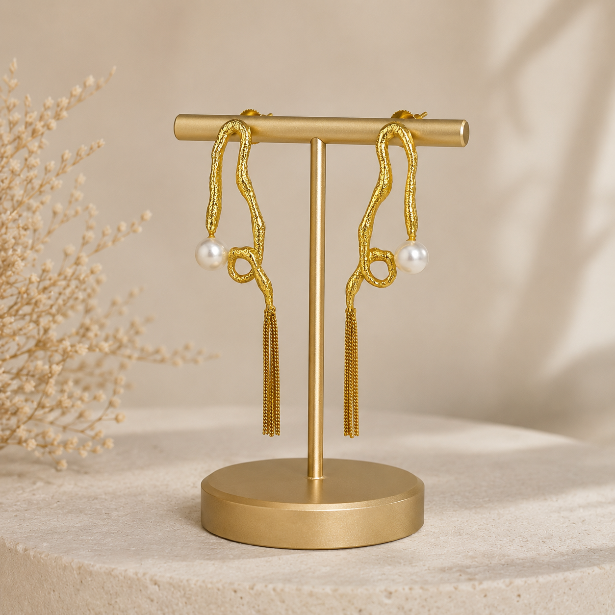 Abstract Sculptural Pearl Earrings – Gold Plated Fluid Asymmetric Tassel Drops
