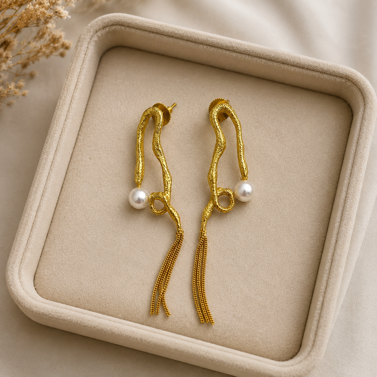 Abstract Sculptural Pearl Earrings – Gold Plated Fluid Asymmetric Tassel Drops