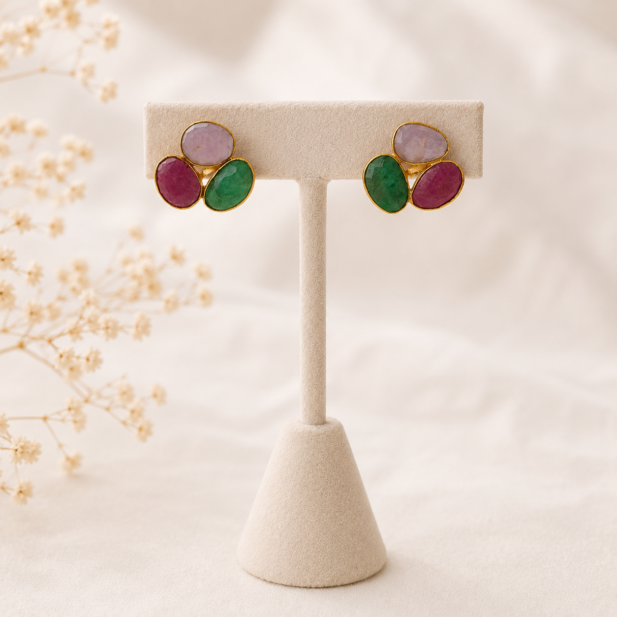 Imperial Cabochon Triad Studs –  Gold Plated Multi-Sapphire Statement Earrings