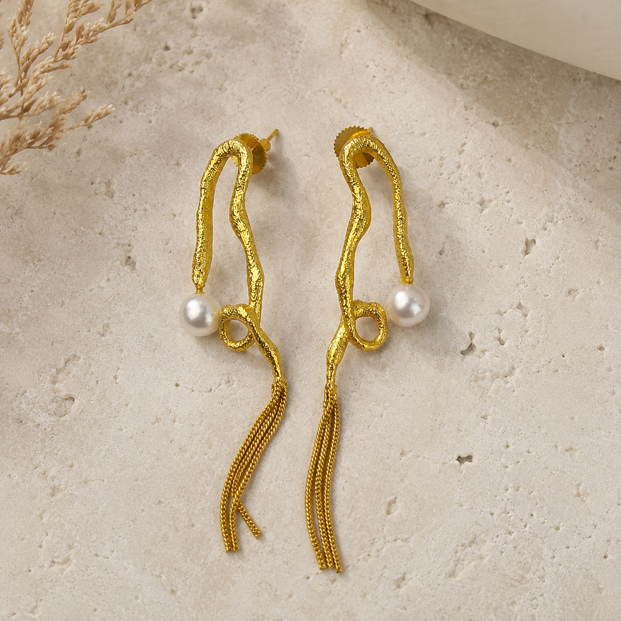 Abstract Sculptural Pearl Earrings – Gold Plated Fluid Asymmetric Tassel Drops