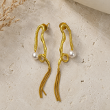 Abstract Sculptural Pearl Earrings – Gold Plated Fluid Asymmetric Tassel Drops