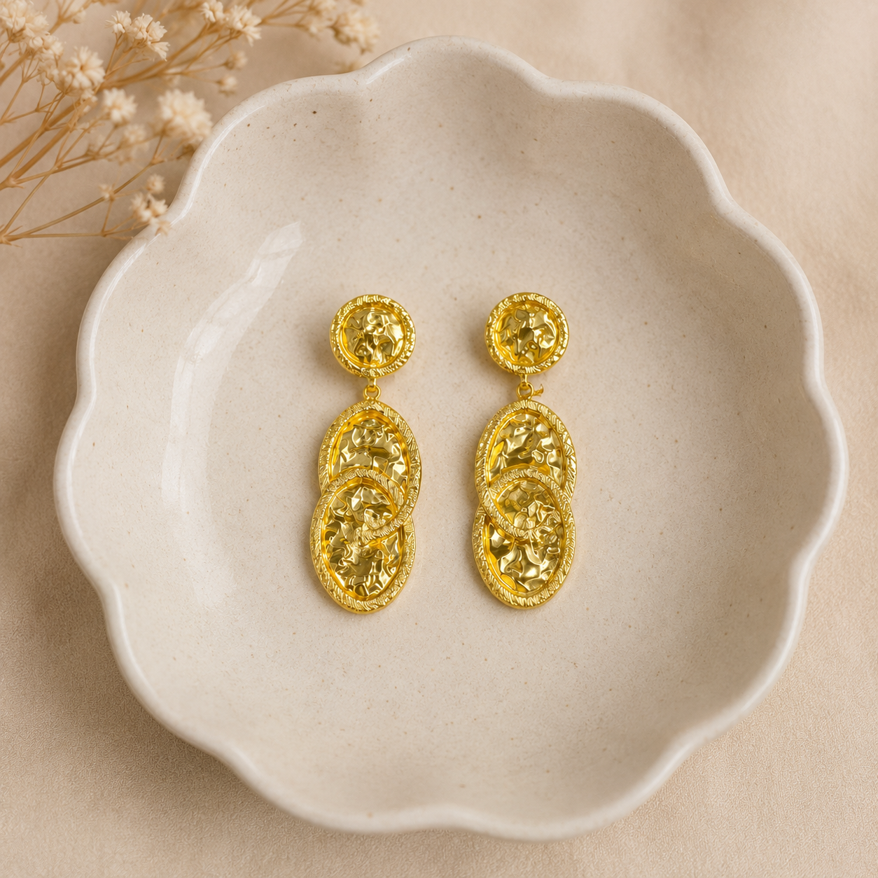 Gilded Foliage Spray Studs – Textured Gold Plated Multi-Coin Drop Earrings