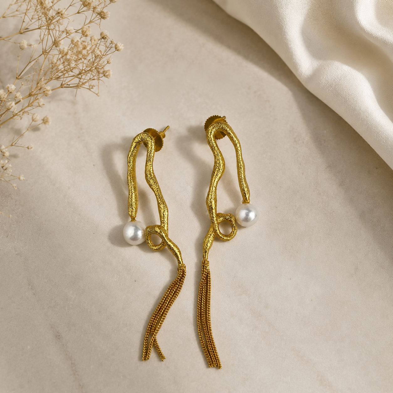 Abstract Sculptural Pearl Earrings – Gold Plated Fluid Asymmetric Tassel Drops