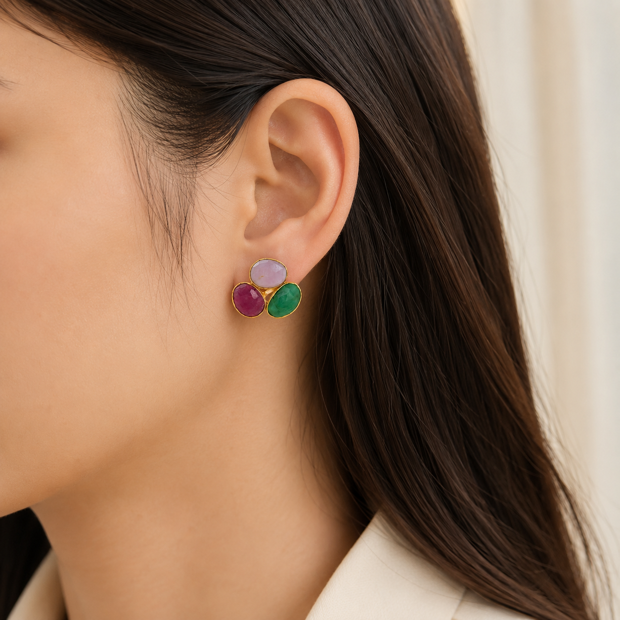 Imperial Cabochon Triad Studs –  Gold Plated Multi-Sapphire Statement Earrings