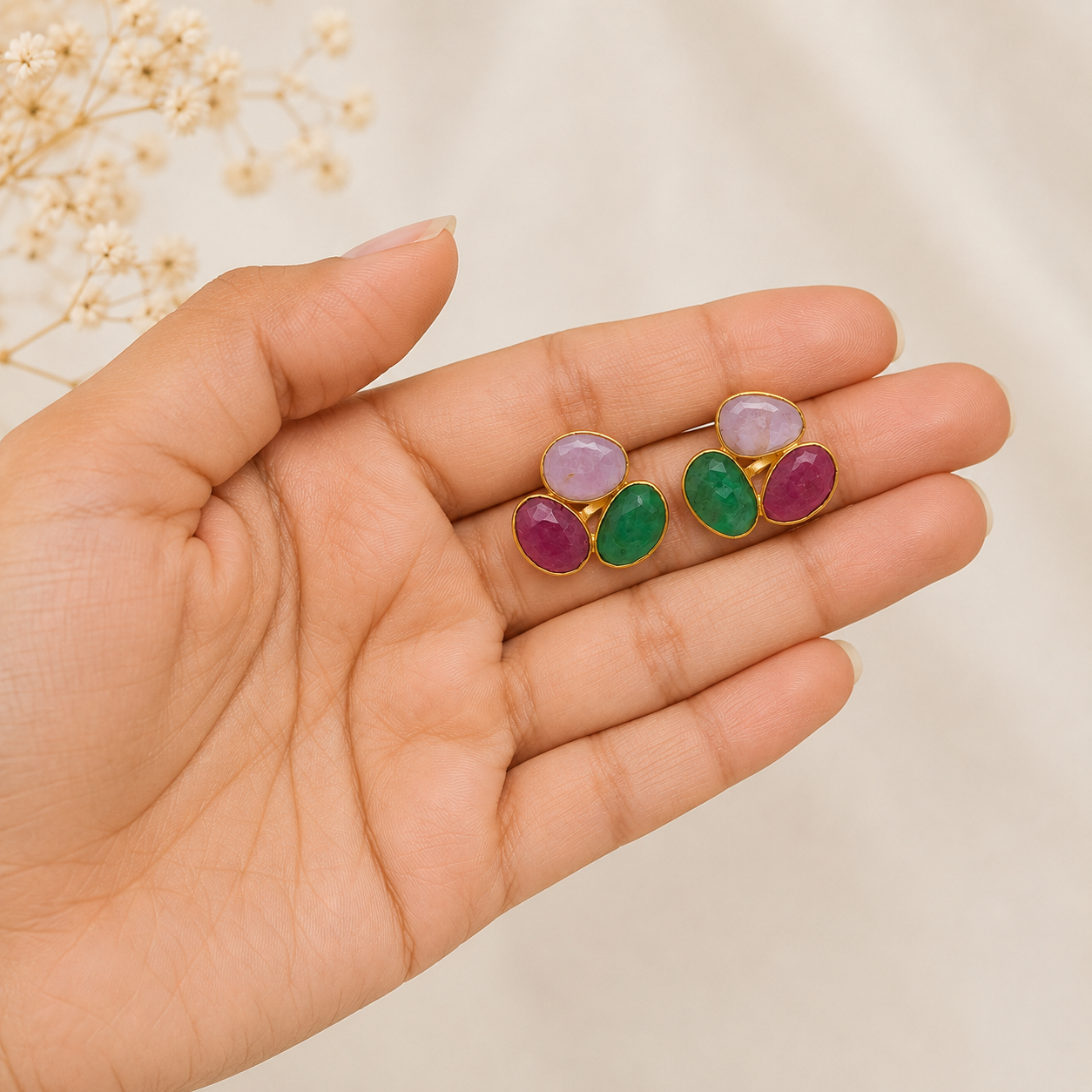 Imperial Cabochon Triad Studs –  Gold Plated Multi-Sapphire Statement Earrings