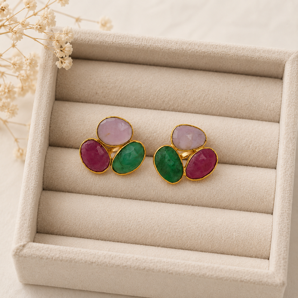 Imperial Cabochon Triad Studs –  Gold Plated Multi-Sapphire Statement Earrings