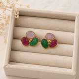 Imperial Cabochon Triad Studs –  Gold Plated Multi-Sapphire Statement Earrings