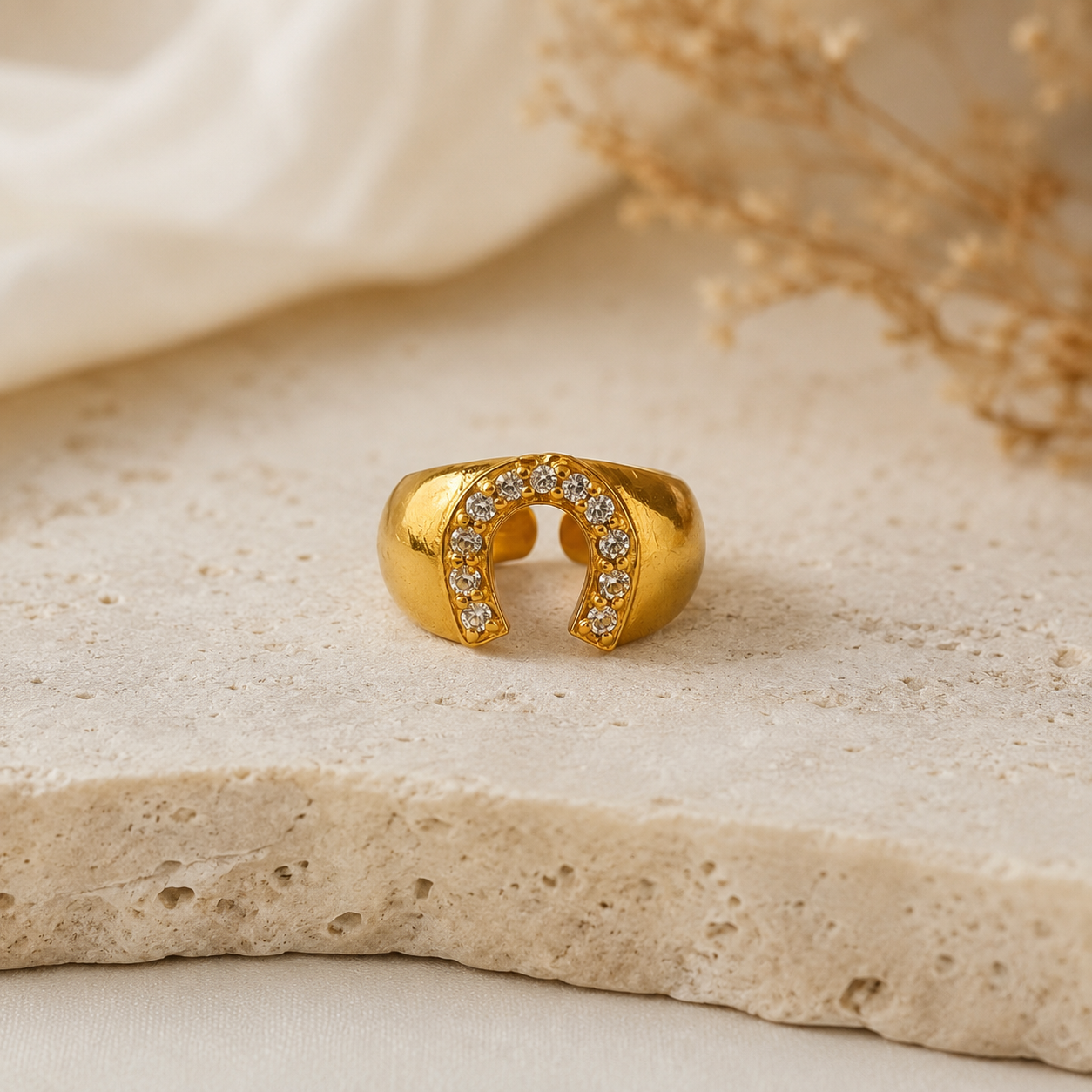 Gilded Horseshoe Dome Ring – Gold Plated Crystal Encrusted Lucky Statement Ring
