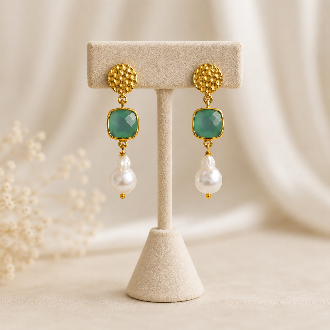 Baroque Pearl & Emerald Cushion Drops – Gold Plated Gemstone Statement Earrings