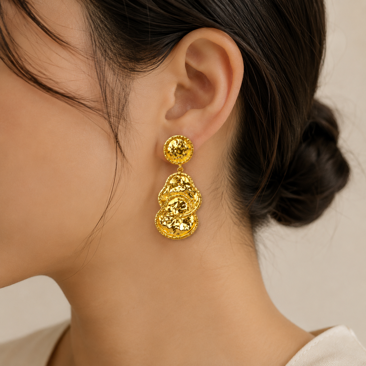 The Byzantine Hammered Coin Drops – Gold Plated Sculptural Tiered Medallion Earrings