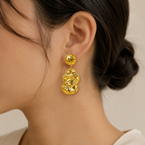 The Byzantine Hammered Coin Drops – Gold Plated Sculptural Tiered Medallion Earrings