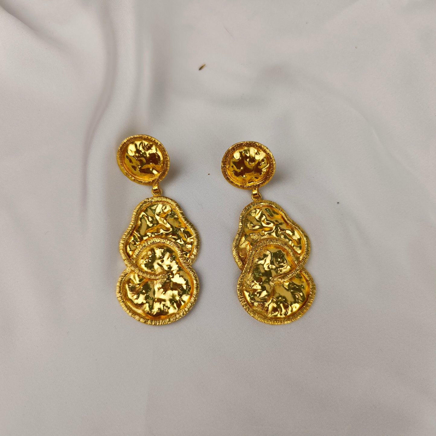 The Byzantine Hammered Coin Drops – Gold Plated Sculptural Tiered Medallion Earrings