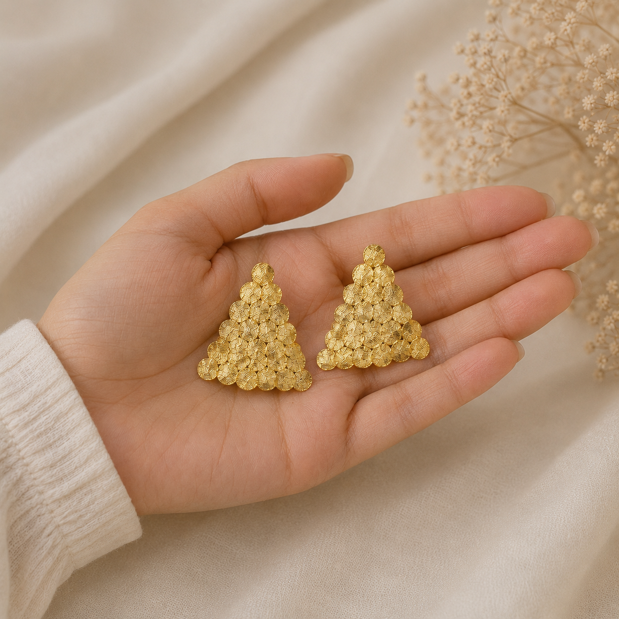 Artisan Sculptural Sunburst Hoops – Textured Gold-Plated Triangular Statement Studs