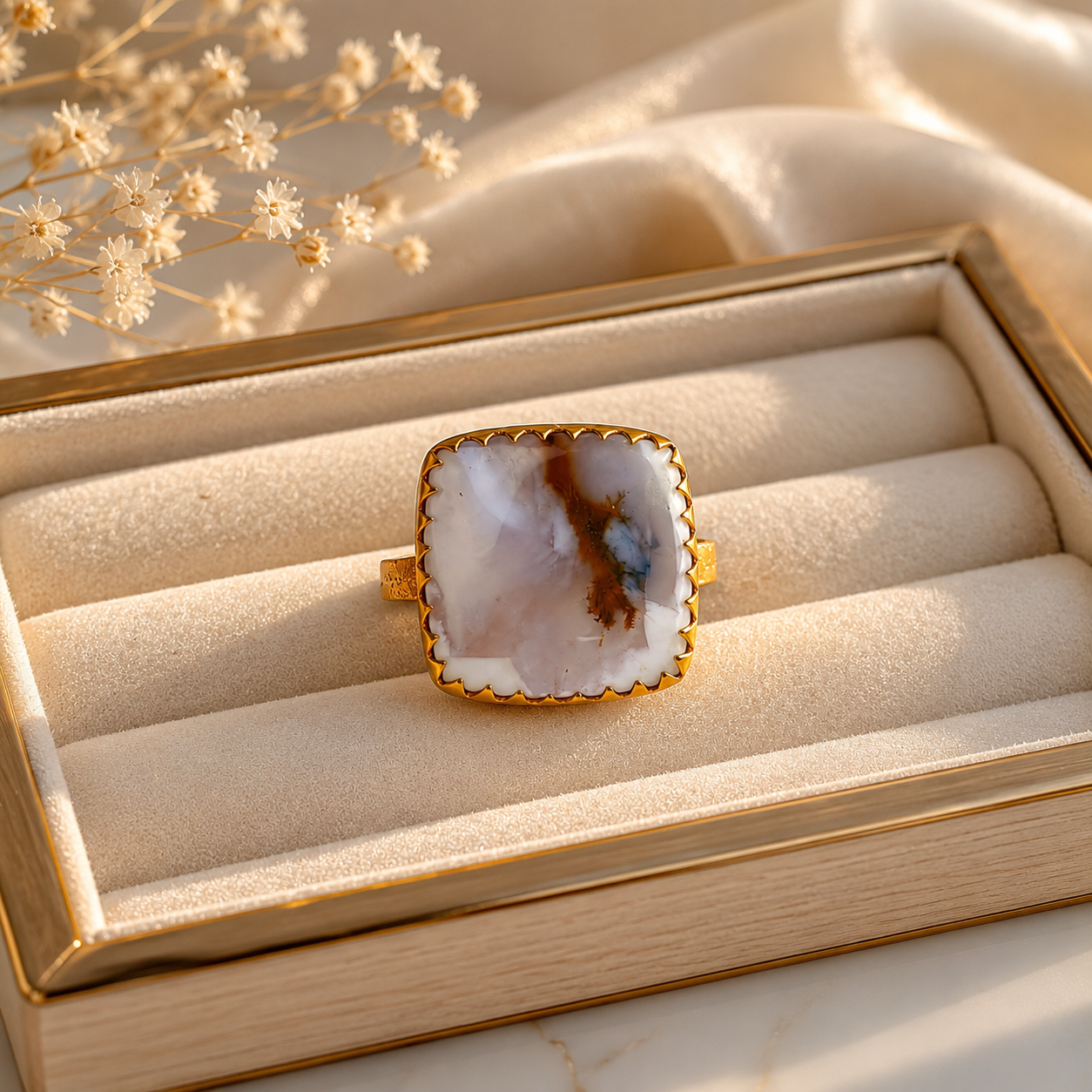 Dendritic Quartz Cushion Ring – Gold Plated Abstract Stone Statement Ring