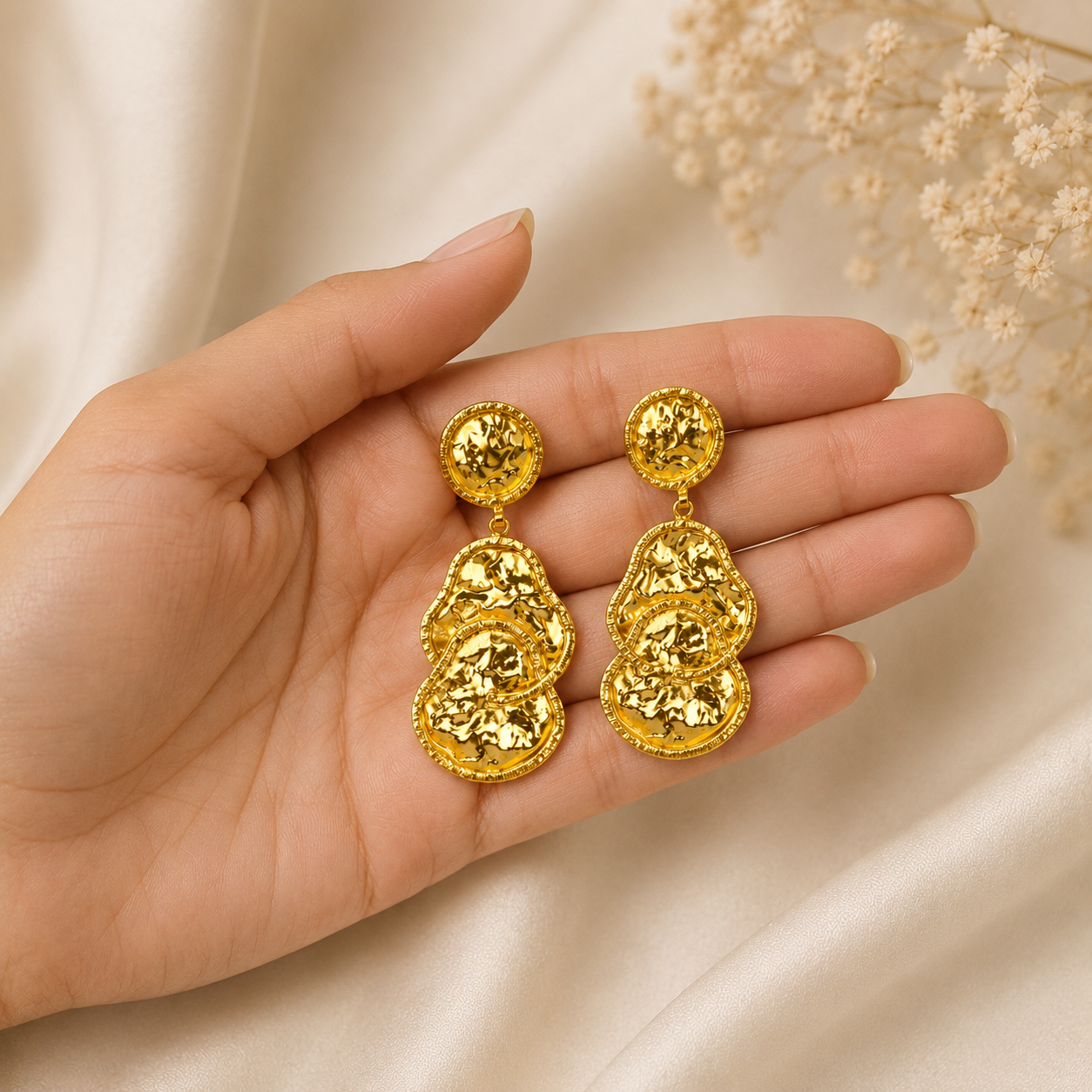 The Byzantine Hammered Coin Drops – Gold Plated Sculptural Tiered Medallion Earrings