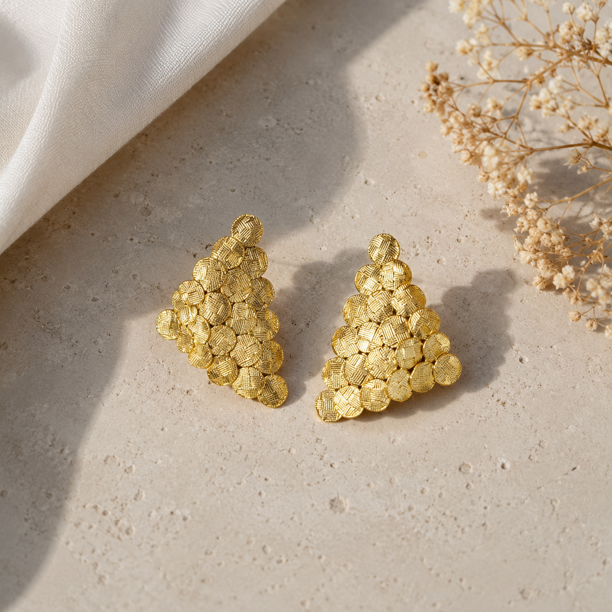 Artisan Sculptural Sunburst Hoops – Textured Gold-Plated Triangular Statement Studs