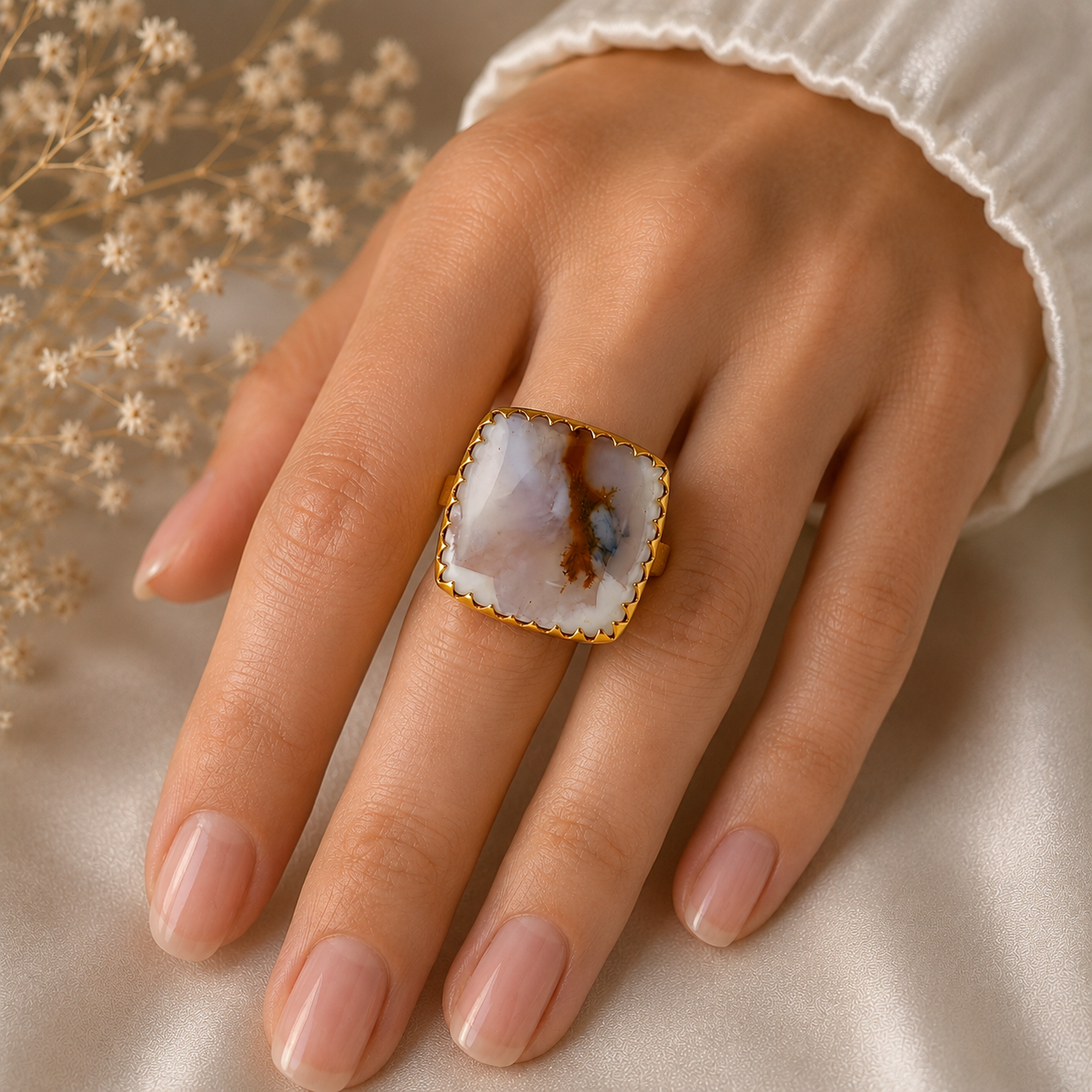 Dendritic Quartz Cushion Ring – Gold Plated Abstract Stone Statement Ring