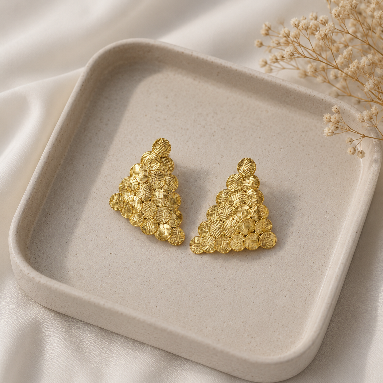 Artisan Sculptural Sunburst Hoops – Textured Gold-Plated Triangular Statement Studs