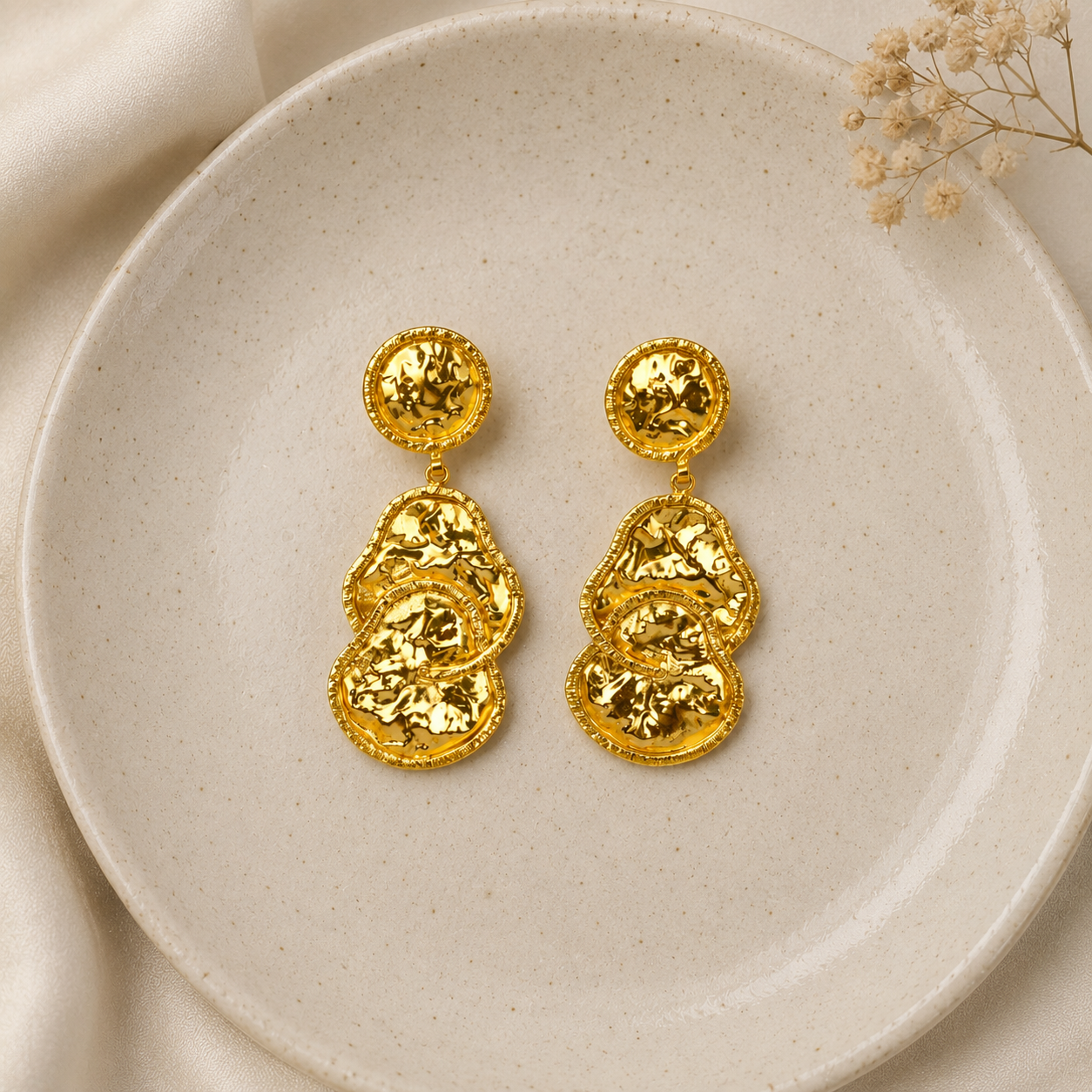 The Byzantine Hammered Coin Drops – Gold Plated Sculptural Tiered Medallion Earrings