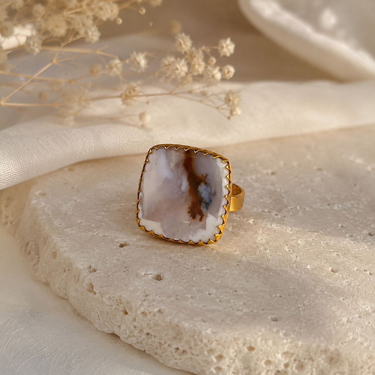 Dendritic Quartz Cushion Ring – Gold Plated Abstract Stone Statement Ring
