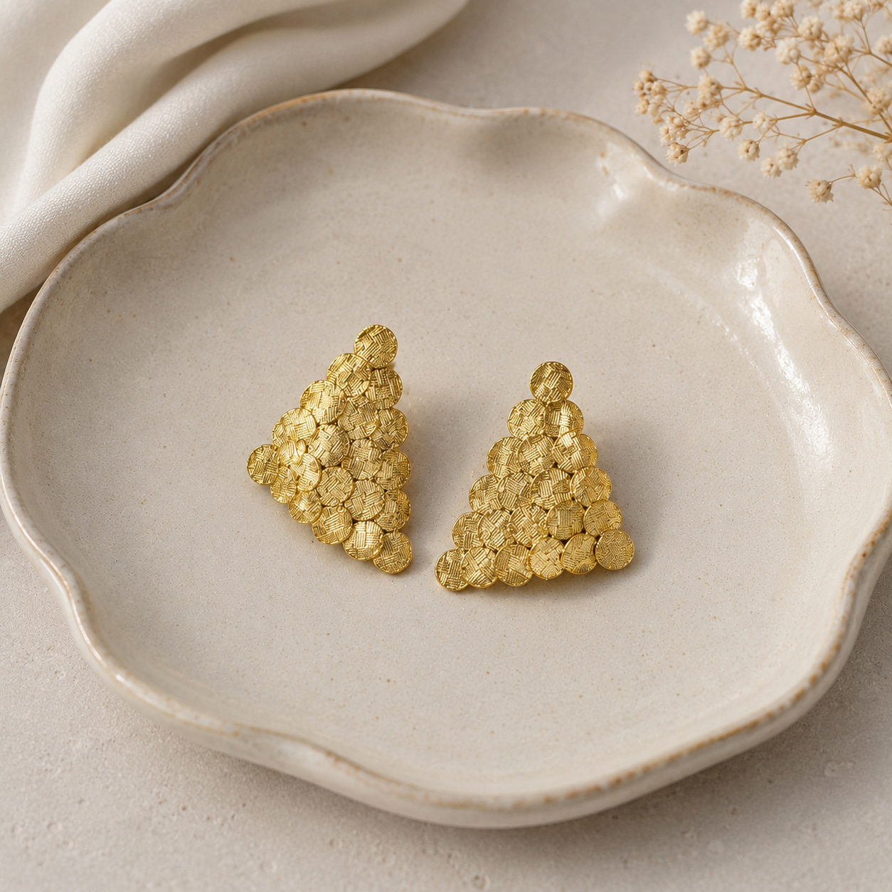 Artisan Sculptural Sunburst Hoops – Textured Gold-Plated Triangular Statement Studs